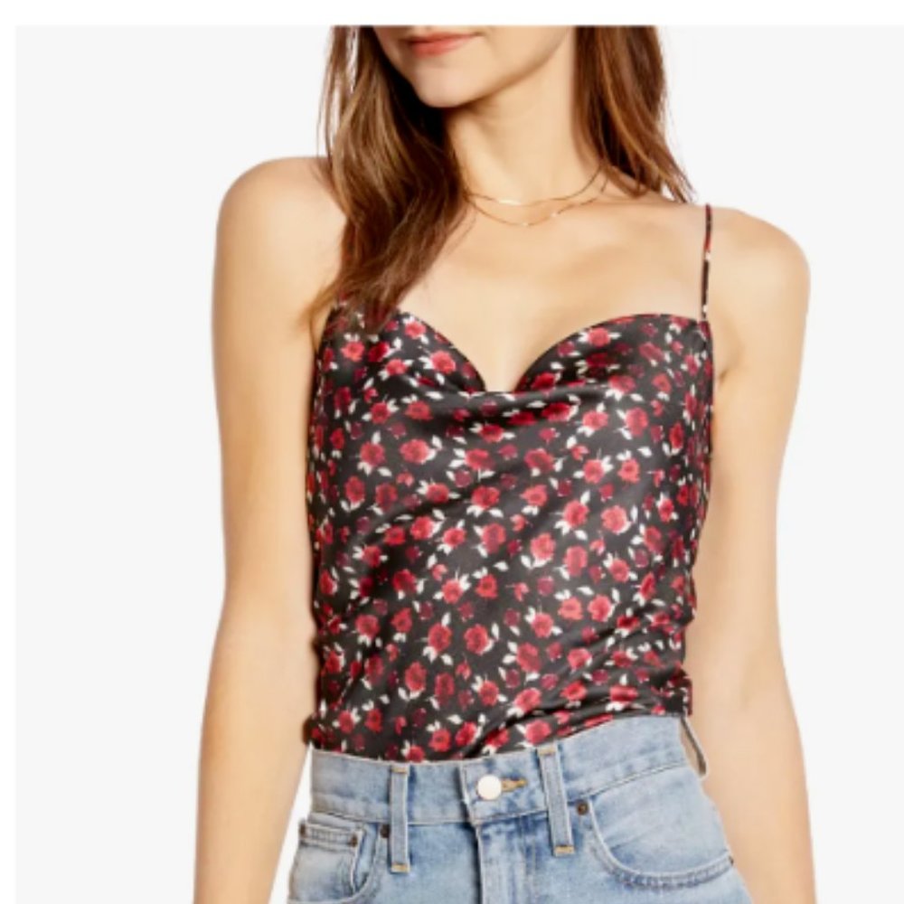 SOMETHING NAVY Black Red Rose Cowl Satin Cami